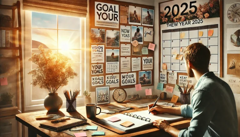 DALL·E 2024-11-26 21.01.06 - An inspiring and motivational visual representation of goal setting and planning for the New Year 2025